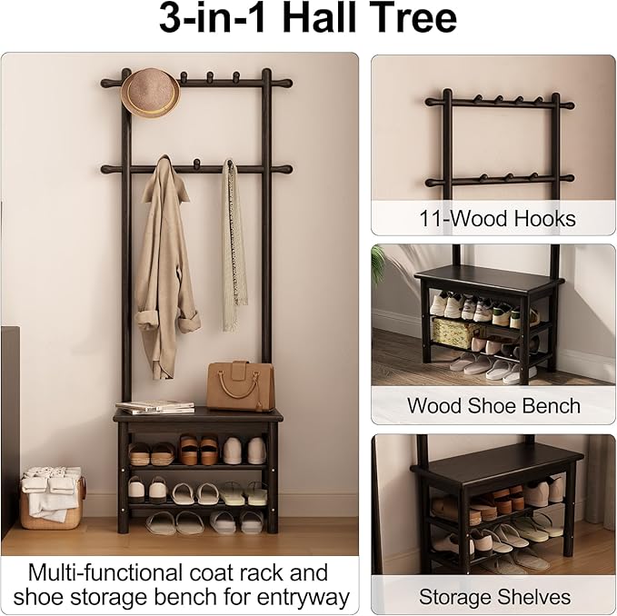 Coat Rack with Shoe Storage, Narrow Wooden Hall Tree with Bench, 11 Hooks and 2-Tier Storage Shelves, 3-in-1, Entryway Bench with Coat Rack (23.6"-Black)
