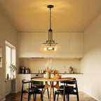 WUZUPS Chandelier Rustic Farmhouse Industrial Round Ceiling Pendant LED Light Fixture Clear Seeded Glass Shade for Dining Room Kitchen Island Foyer Entryway, H 20.9" x W 15.9", Black