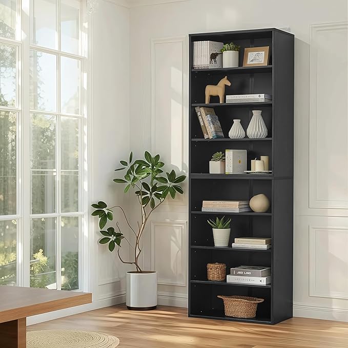 71 Inch Tall 8-Shelf Bookcase, Wood Bookshelf Storage Organizer Adjustable Shelf for Home Office Living Room, Converts into Two 4-Shelf Bookshelves, Black