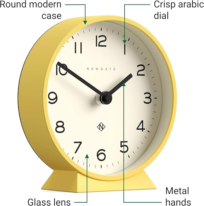 NEWGATE® M Mantel Echo Desk Clock | Modern Round Design | Yellow | Easy to Read Numbers | Contemporary Style for Desk, Table, Shelf or Bedside