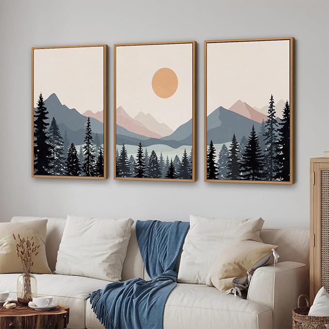 Tinonedraw Boho Mountain Framed Canvas Wall Art Set of 3, Watercolor Nature Landscape Art Prints, Modern Sunrise Art Paintings, Black Pines Tree Forest Wall Decor for Living Room Bedroom Office 16"x24"x3