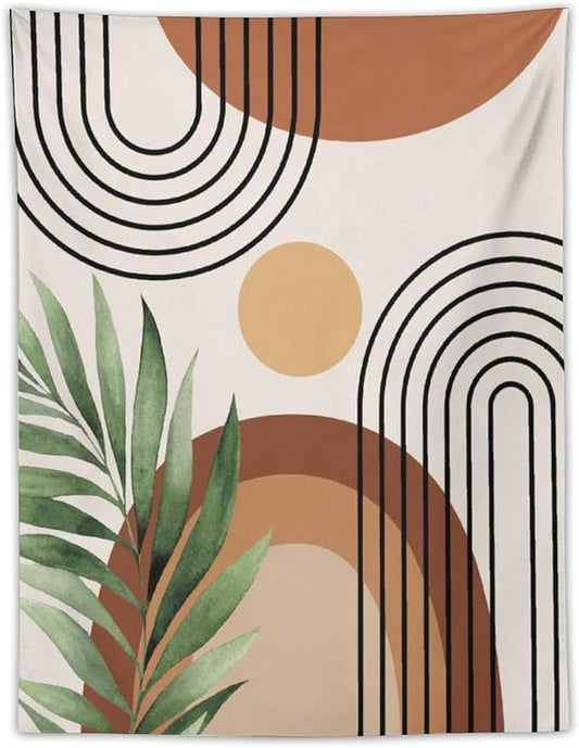 Abstract Bohemian Mid Century Tapestry, Tropical Leaves Modern Geometric Archway Minimalist Bohemian Botanical Aesthetic Wall Hanging, Sage Green Gold Home Decor Art for Bedroom 60x80 Inch