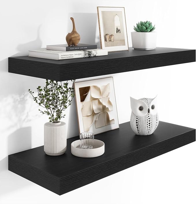 Heimlove 12" Deep Floating Shelves, 36 x 12 Inch Wall Mounted Long Floating Shelf with Invisible Brackets, for Home Decor, Bedroom, Kitchen, Living Room, Bathroom - 2 Pack, Black
