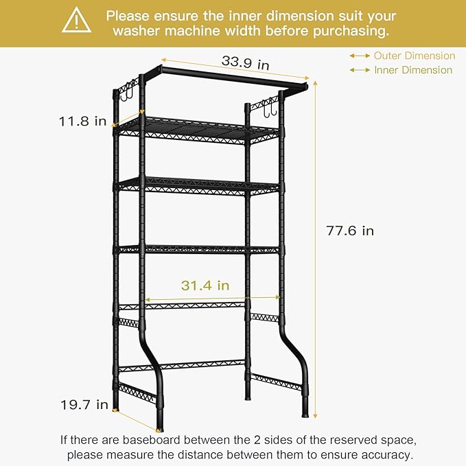 Ulif U11 Over Washer and Dryer Shelves, 3 Tiers Laundry Room Storage and Organizer Standing Shelf, Metal Freestanding Clothes Drying Rack, 33.9" W x 19.7" D x 77.6" H, Black