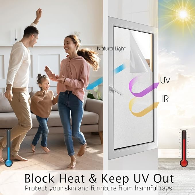 HIDBEA Frosted Window Privacy Film Heat Control UV Blocking, Static Cling Non-Adhesive Reusable Door coverings for Bathroom Home Office (Frosted 35.4 Inch x 32.8 Feet)