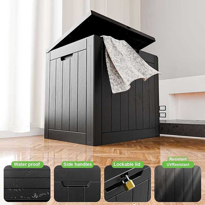 30 Gallon Outdoor Deck Box,Storage Lockable Waterproof Patio Furniture,Garden Tools,Cushions,Pool Accessories Outside Storage Resin Box(Black)