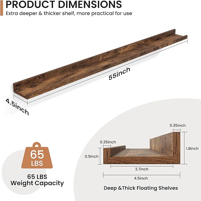 Fun Memories Picture Ledge Shelves Set of 2, 55 Inch Rustic Wall Mounted Floating Shelves with Lip for Home Storage and Décor in Bathroom, Kitchen, Nursery, Bedroom, Living Room, Brown