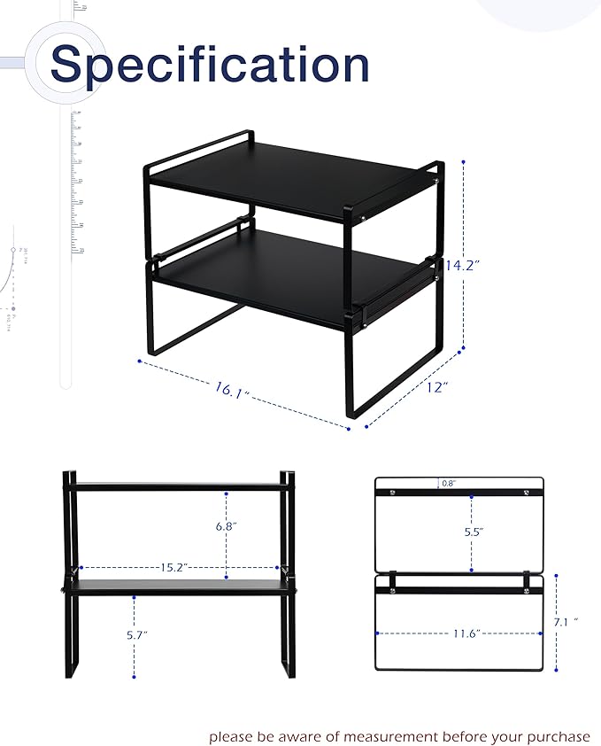 Nxconsu 2Pack Cabinet Shelves Stackable Shelf Organizer Rack Riser for Kitchen Cabinet Pantry Cupboard Counter Countertop Home Organization Storage Space Saver Heavy Duty Metal Nonslip Black Wide