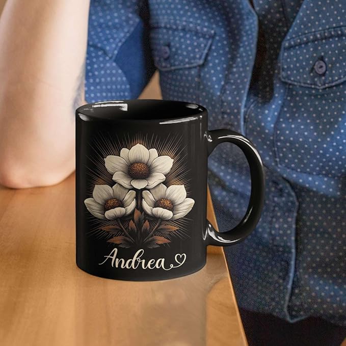 Personalized Nature Inspired Coffee Mug, Custom Name Black Cup 11oz or 15oz, Elegant Flower Ceramic Mug for Gardeners, Custom Floral Themed Coffee Cup, Gifts for Flower Lovers