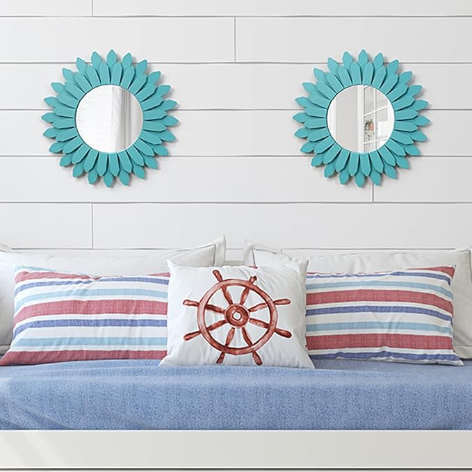 Honiway Beach Wall Decor Mirror 2 Pack 12 inch Wood Coastal Wall Decor Sunburst Boho Home Decor Room Decor for Bedroom Living Room Entryway Cyan