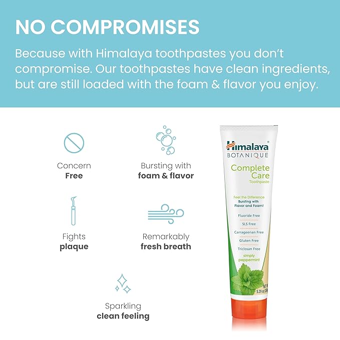 Himalaya Botanique Complete Care Toothpaste, Herbal, Peppermint Flavor, Fights Plaque, Freshens Breath, Fluoride Free, No Artificial Flavors, SLS Free, Cruelty Free, Foaming, 5.29 Oz, 4 Pack…