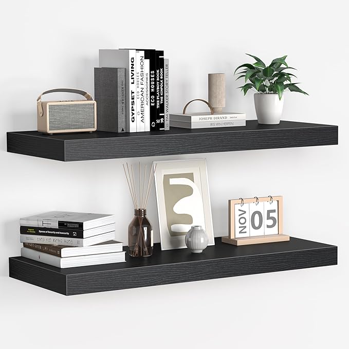 Floating Shelves - 2 Pack 9 Inch Rustic Wooden Wall Shelves - Extra Deeper & Thicker Wall Mounted Storage Shelf for Living Room, Kitchen, Farmhouse - 24" W x 9" D x 1.6" H - Rustic Black