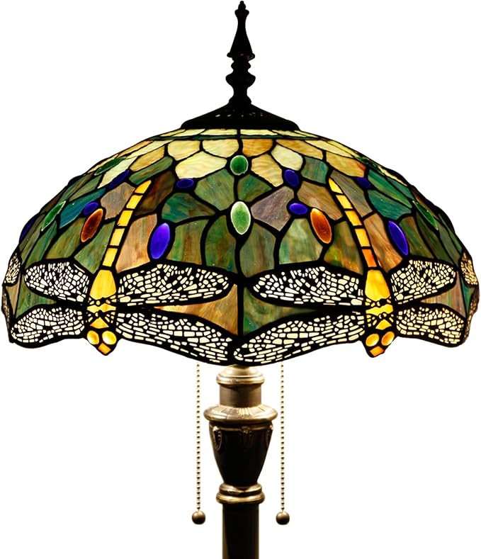 Tiffany Floor Lamp Stained Glass Lamp Standing Reading Light 16x16x70 Inch for Living Room (Amber Yellow Dragonfly)