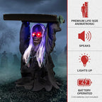 Haunted Hill Farm Tombstone Lifter by Tekky, Battery-Operated, Sound Activated Animatronic Zombie with Sound Effects and Lights for Indoor or Covered Outdoor Creepy Halloween Decoration