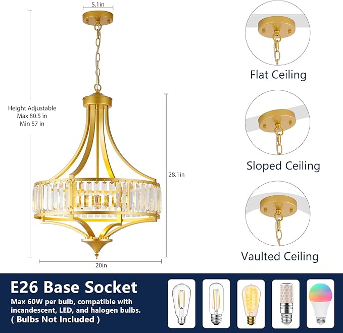 Modern Gold Crystal Chandelier, 20 Inch Large Ceiling Pendant Light Fixture with 50'' Adjustable Hanging Chain, 5-Light Farmhouse Chandelier for Dining Room, Living Room, Bedroom, Entryway