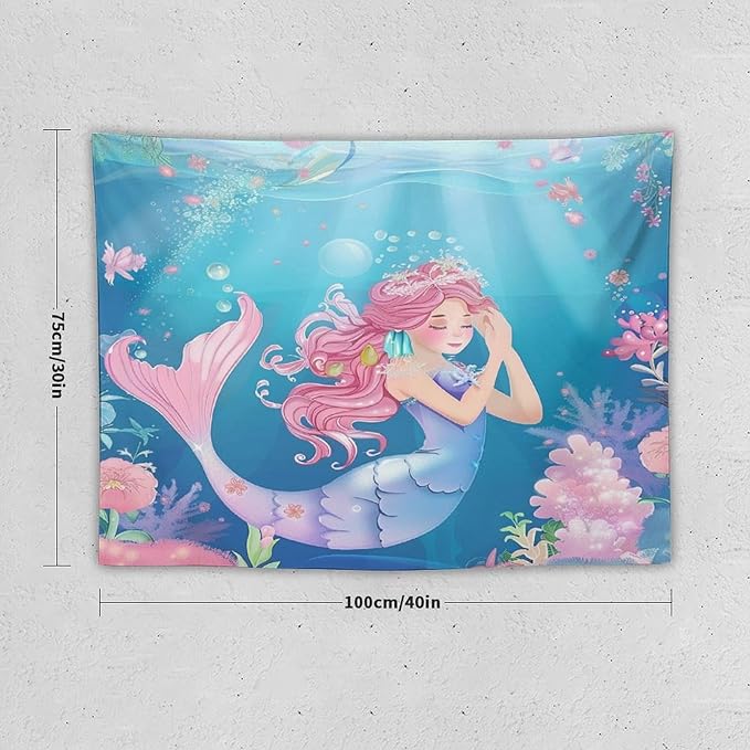 HZOHNAGO Mermaid Girls Tapestry Watercolor Flowers Mermaid Princess Blessing Pattern for Kids Room Decoration Printed Wall Tapestry Wall Hanging for Bedroom Living Room Dorm 40" W x 30" H