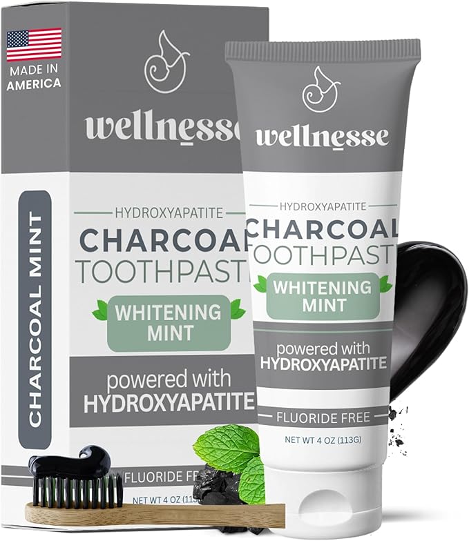 Wellnesse Activated Charcoal Whitening Toothpaste with Xylitol, Fluoride-Free Hydroxyapatite Black Charcoal Toothpaste for Adult Fresh Breath, Natural Teeth Whitening, Mint Flavor, 4 oz (Pack of 1)
