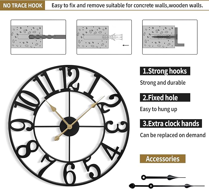 Large Wall Clock for Living Room Decor - 60cm/ 24 Inches Silent Non-Ticking Metal Wall Clocks Battery Operated, Vintage Decorative Modern Wall Clock for Bedroom, Office, Farmhouse Decor