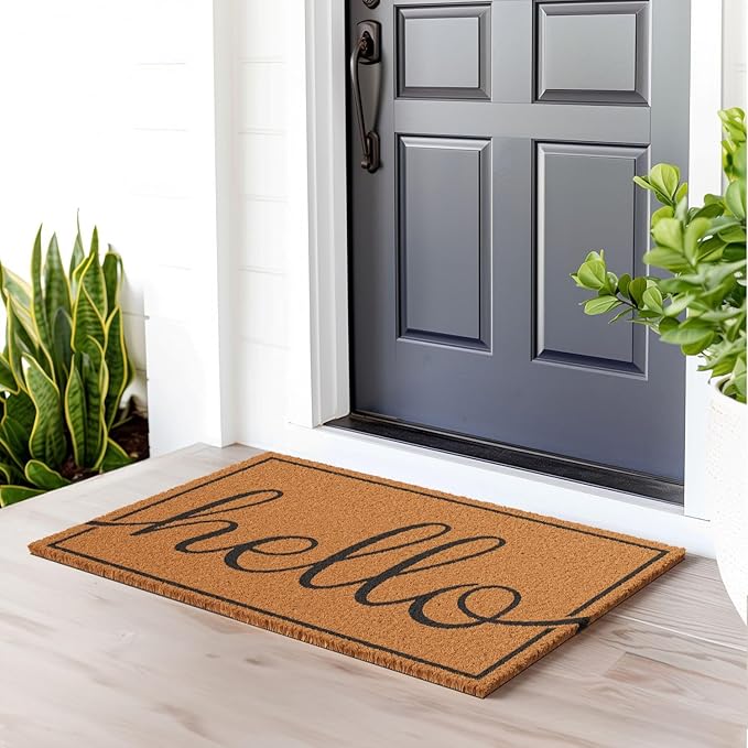 Barnyard Designs Natural Coco Coir Heavy Duty Backing Doormat - Large Cute Non-Slip Front Door Welcome Mat for Outside Entrance or Porch Entry, Brown (24x36, Hello)