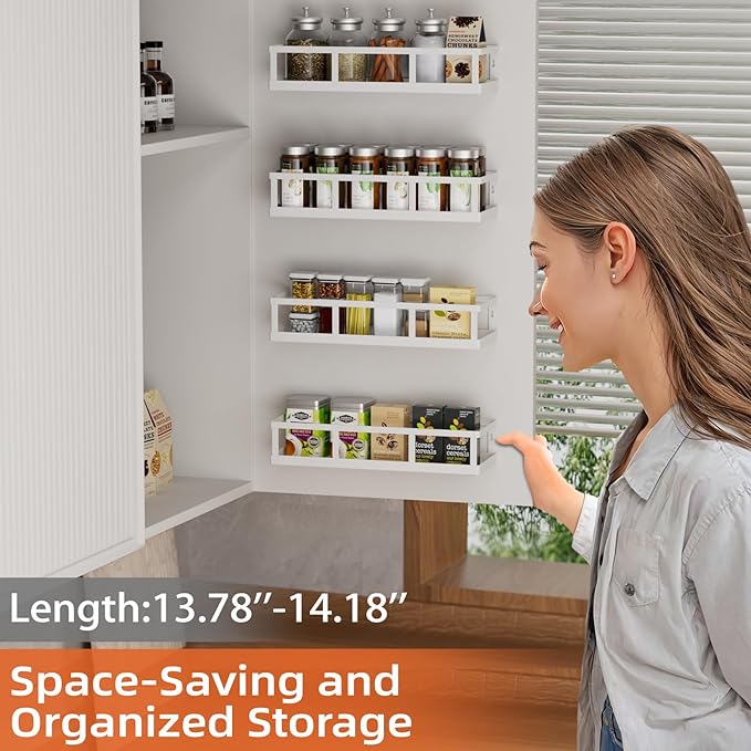 Spice Rack Wall Mounted, 4 Pack Pantry Door Organizer & Hanging Storage Baskets Organizer Wall Mount, Large Capacity Metal Spice Shelf for Kitchen Cabinet, Bathroom, Shower, Home Decor