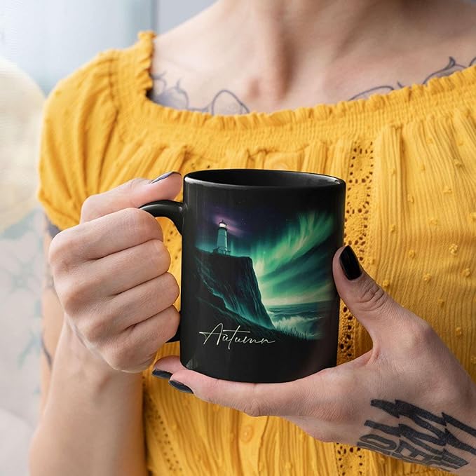 Customized Name Black Coffee Mug, Personalized Beautiful Northern Lights And Lighthouse Mug, Custom Mystical Ocean View Ceramic Cup, Gift For Women Men, Nature Themed Mug 11oz 15oz