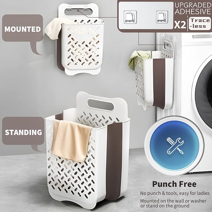 Plastic Collapsible Hanging Laundry Baskets with Carry Handle, Space-Saving Wall Hanging Laundry Basket Durable Tall Folding Plastic Laundry Hamper Waterproof Dirty Clothes Organizer XL+L