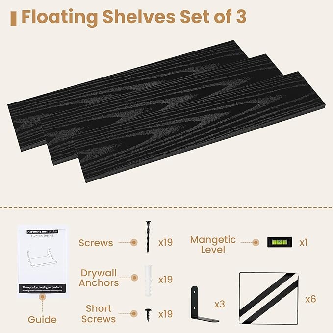 Heimlove 36 Inch Black Floating Bookshelves Set of 3,Heavy Duty Wall Mounted Bookshelves,Bookshelf for Living Room,Bedroom,Kitchen,Laundry Room Storage & Decor