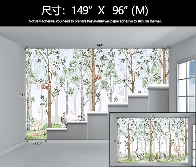 WFBHUA-Kids Wallpaper Watercolor Forest Cartoon Animals Wall Murals Suitable for Nursery Boys Girls Bedroom Room (Not Peel and Stick)