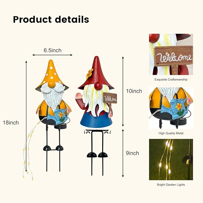 HONGLAND Metal Gnome Yard Art -18 Inch Garden Gnomes Statues Outdoor Decor with Watering Can Solar Lights -3D Outdoor Figurines for Patio Yard Lawn Porch Ornament Gardening Gifts