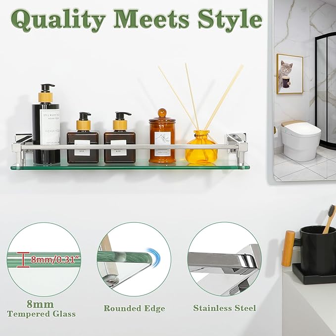 Alise Bathroom Shelves, Polished Chrome Glass Shelf for Bathroom, Modern Floating Shelves, 20 inch