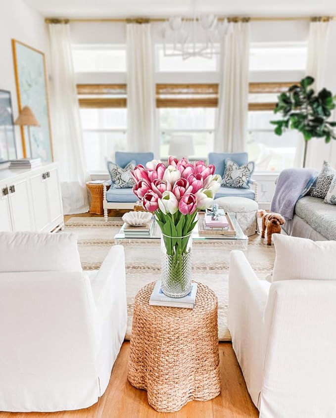 Artificial Tulips Flowers – 24" Long Stem Faux Tulips, 7PCS Real Touch Fake Pink Tulip for Vase, Farmhouse, Kitchen, Spring & Wedding Home Decor