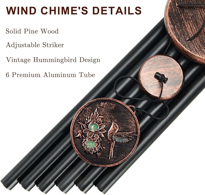 Wind Chimes for Outside, Hummingbird Deep Tone Vintage Wind Chime Outdoor Clearance, Sympathy/Memorial/Festivals/Birthday Gift for Mom Dad Grandma, Home Garden Patio Decor (34" Hummingbird)