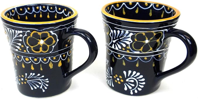 Encantada Handmade Hand-Painted Authentic Mexican Pottery Mugs (2-Pack, Blue Helecho)