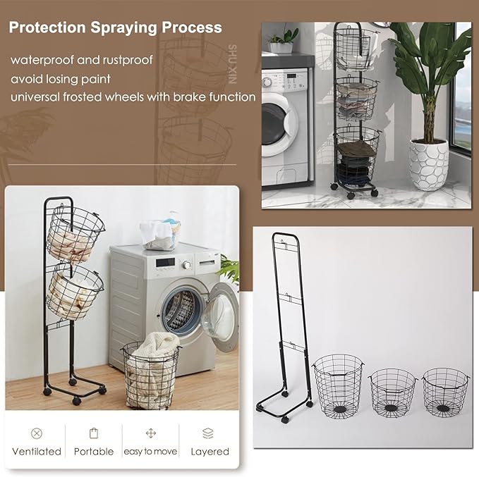3 Tier Laundry Basket with Rolling Lockable Wheels Wire Metal Sorter Storage Trolley Shelf Basket Durable Metal Sorter Clothes Storage Trolley Shelf with Removable Hamper for Organizing Clothes