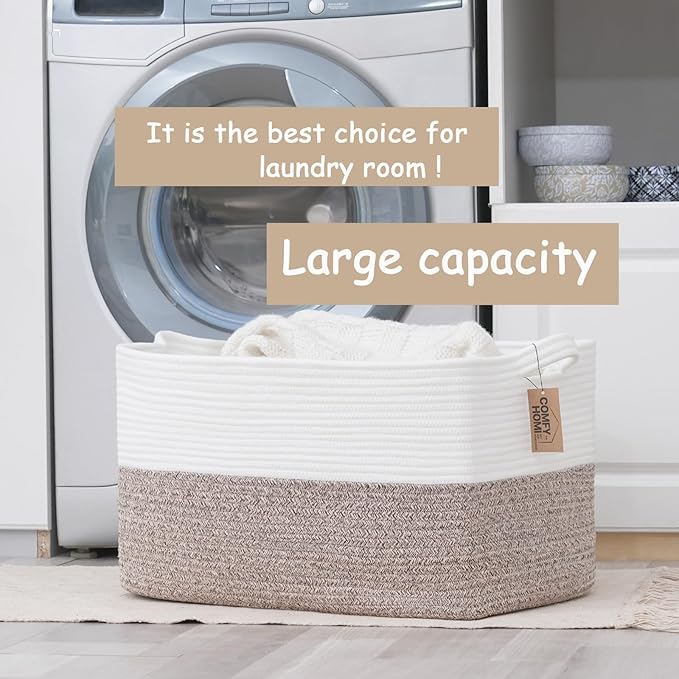 COMFY-HOMI Large Laundry for Organizing|Rectangle Cotton Rope Storage with Handles|Blanket for Living Room|Woven Laundry for Towels, Toys, Clothes-22x15x12”-White/Brown