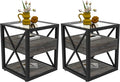 Farmhouse End Table Set of 2, Modern Side Table with Drawer&3-Tier Storage Shelf, Square Rustic Nightstand, Accent Tea Table, for Bedroom Office Living Room, Grey, Natural Wood, Glass, Metal