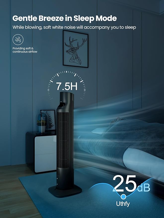Uthfy 31 Inch Tower Fan for Bedroom, 120° Oscillating Quiet Standing Bladeless Fan With Remote, 7.5H Timer, 3 Speeds, 3 Modes, for Room, Dorm, Office, Black