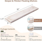 Axeman Floating Shelves for Wall, 8 Inch Deep Rustic Solid Elm Wood Wall Shelves for Storage, Wall Mounted Display Shelving with Invisible Heavy-Duty Metal Bracket, 36'' Width Set of 2, White Wash