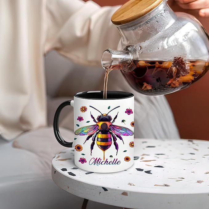 Hyturtle Personalized Colorful Bee Mug - Bee Keeper Gifts For Women Lovers Teacher - Honey Gifts For Beekeeper Farmer On Birthday - Queen Honeycomb Decor - Custom Coffee Cup Ceramic Mug 11 Oz 15 Oz