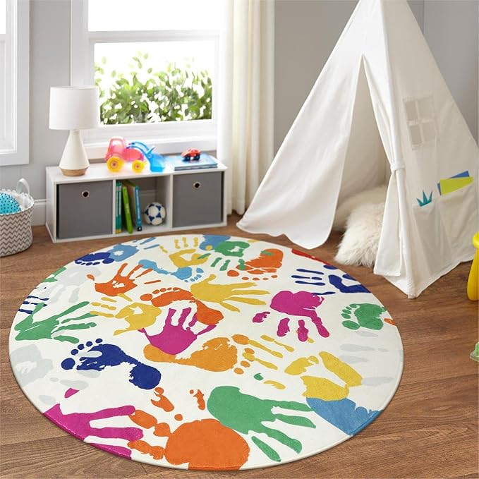 STARUIA Large Round Rug for Classroom 6 Ft, Colorful Circle Rug for Nursery, Washable Kids Rug for Playroom, Soft Circular Carpet Handprints and Footprints Play Mat for Kids Bedroom Toy Room