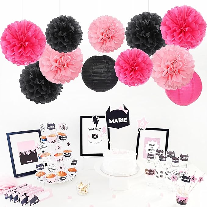 Hot-Pink Black Party-Decorations Paper Flowers Lanterns - 15PCS Graduation Birthday Tissue Pom Poms Streamers,Baby Girl Women Bachelorette Hanging Supplies Decor Hugfond