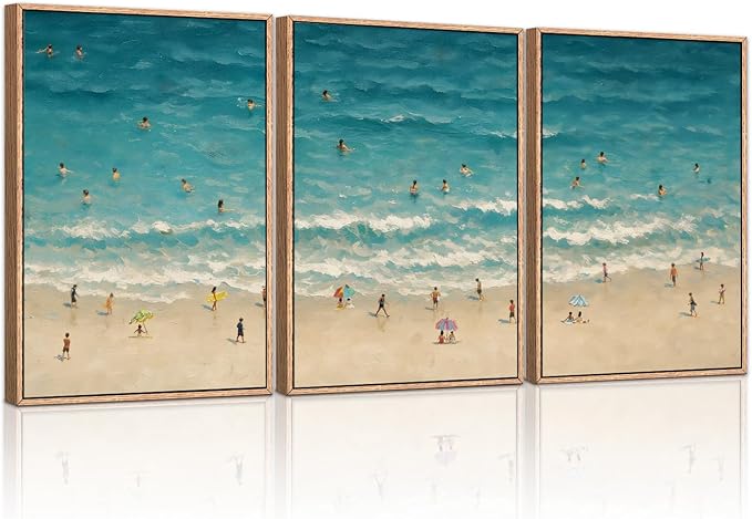 HLNIUC Summer Beach Canvas Wall Art,Modern Minimalist Coastal Landscape Wall Decor Set of 3(16”x24”) Blue Abstract Ocean Wall Painting, Summer Swimming in the Sea Art Print for Living Room,Bathroom