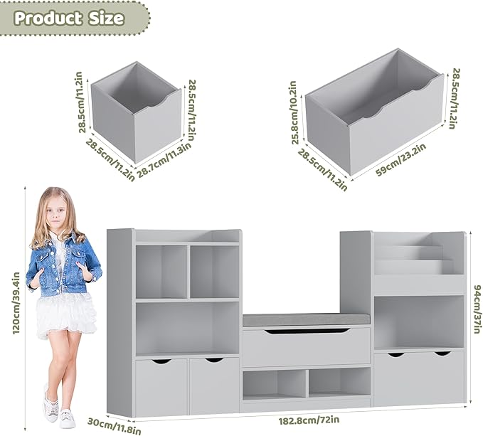 FOTOSOK 72” Kids Bookshelf with Reading Nook, Large Toy Storage Organizer with Seat Cushion and 3 Movable Drawers, Kids Reading Nook Toy Organizers and Storage with Bench for Living Room, Grey