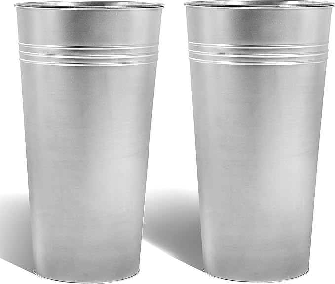 KOL 28'' Tall Galvanized Steel Planter Pot - Flower Pot with Water Level Indicator for Plants - 2-Pack Self Watering Planters - Round Silver Powder Metal Planter Box - Indoor Outdoor Grande Plant