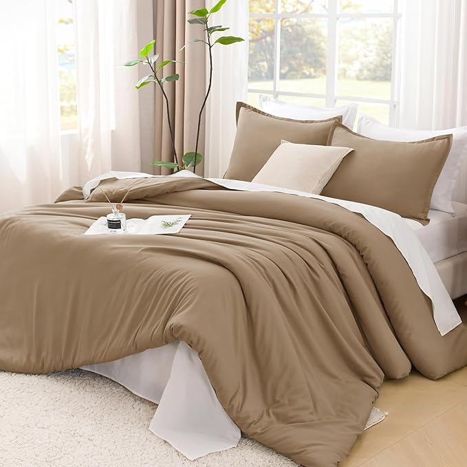 Litanika Taupe Comforter Set King Size, 3 Pieces Solid Bedding Comforter Set, All Season Fluffy Bed Set (104x90In Comforter & 2 Pillowcases)