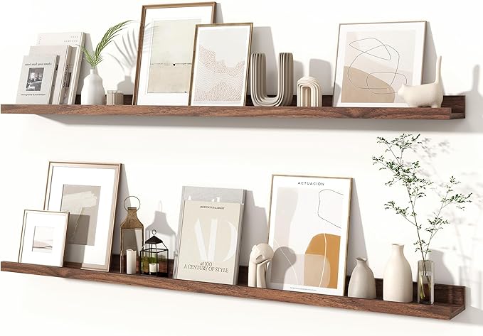 Fun Memories Picture Ledge Shelves Set of 2, 24 Inch Rustic Wall Mounted Floating Shelves with Lip for Home Storage and Décor in Bathroom, Kitchen, Nursery, Bedroom, Living Room, Walnut