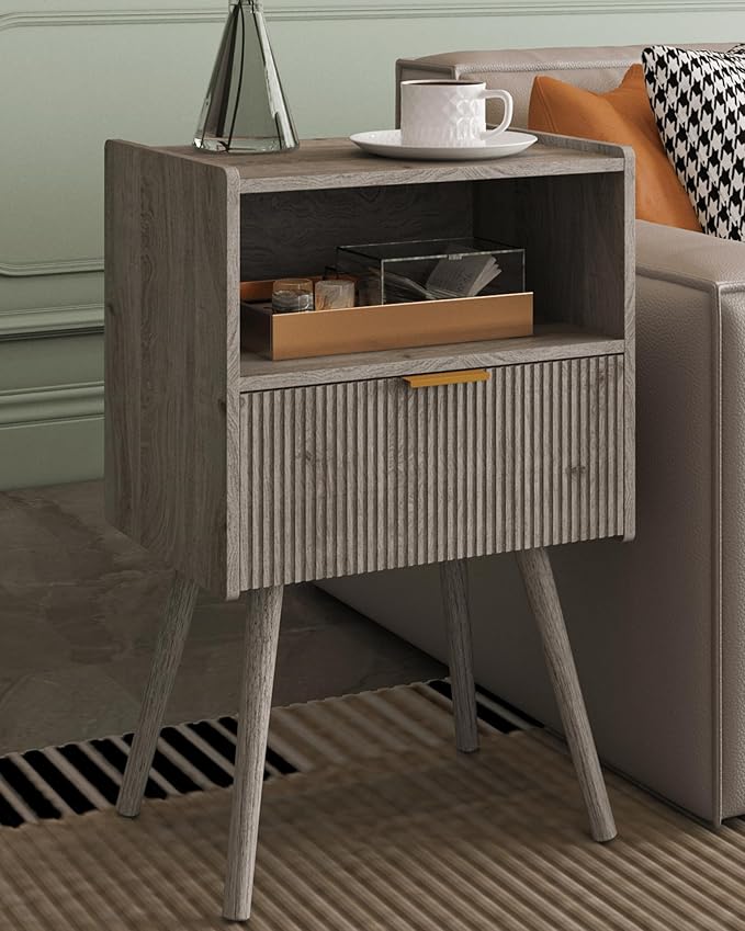 Nightstand,Modern Bedside Table with Storage Drawer and Open Wood Shelf, Accent Night Stand with Solid Wood Legs for Living Room, Bedroom and Small Spaces,Easy Assembly (Grey Oak)