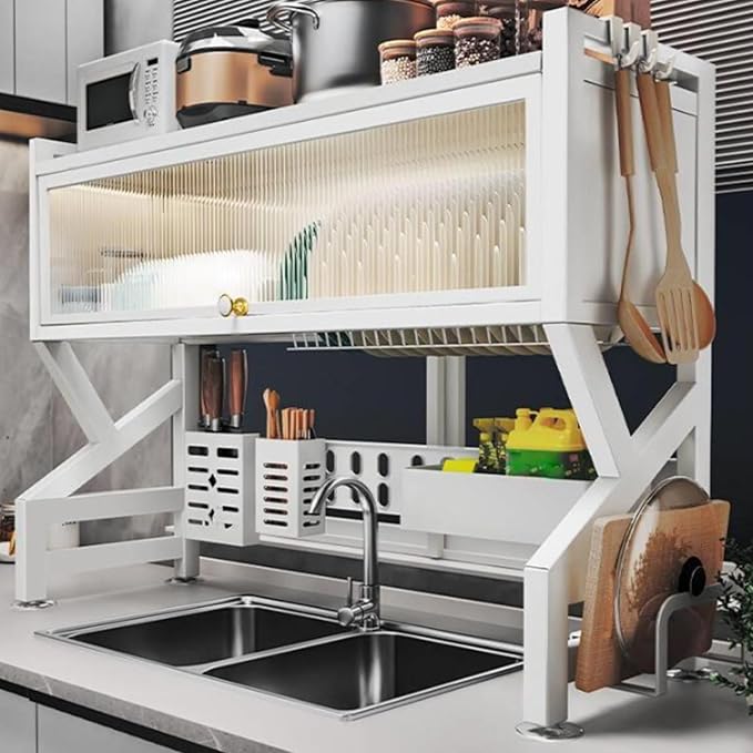 Kitchen sink rack dishwashing sink countertop dustproof cupboard storage multifunctional tableware storage drain rack double layer,KeepKitchen Sink Shlef Organized Space-Saving(White,85cm/33.5in)