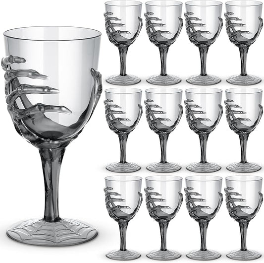 Dandat 12 Pcs Halloween Skeleton Hand Goblets 12oz Clear Plastic Halloween Cups Skull Wine Glass Set for Creepy Spooky Party Decorations (Black)