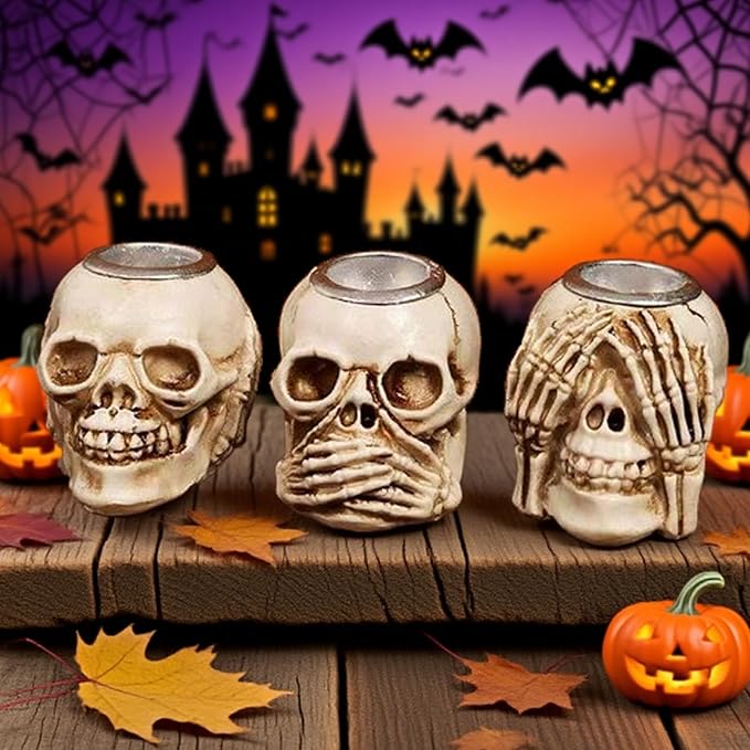 Halloween Skull Candle Holder, Skeleton Head Candlestick Holders Table Decor Centerpiece Candlesticks, Resin Horrible Spooky Creepy Crafts for Flameless Candle Halloween Christmas Home Party, Set of 3